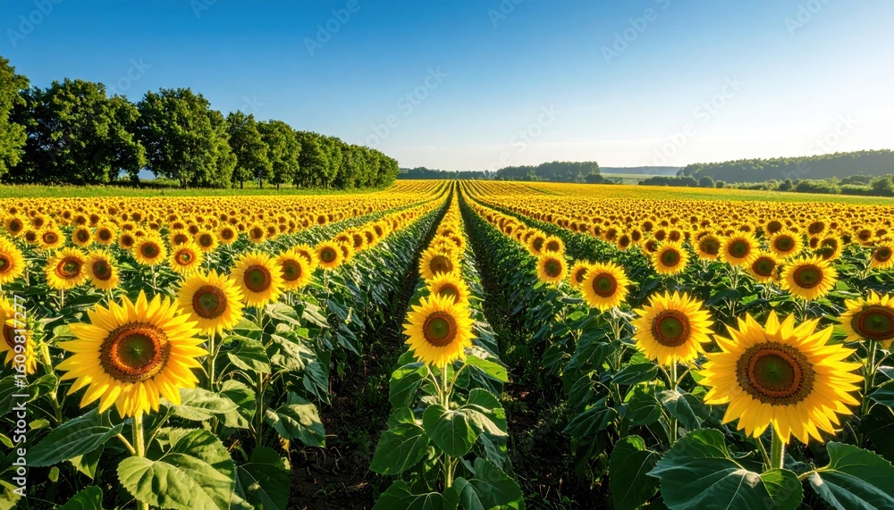 Obraz premium Endless Sunflower Field Under a Clear Blue Sky with Distant Trees