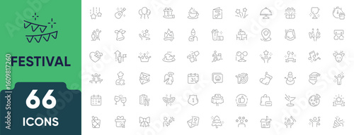 Festival and Holiday Line Icon Set. Set of 66 outline icons including celebration, fireworks, music, gifts, parties, cultural events, decorations, and traditions. Editable stroke. Linear illustration.