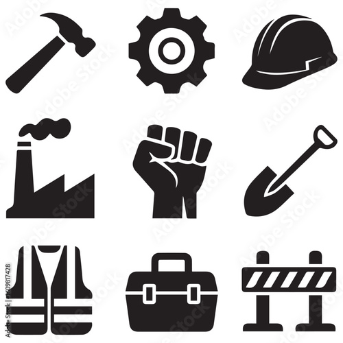 Collection of black industrial and construction icons representing labor safety tools and equipment on a white background