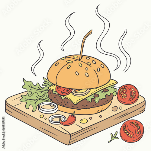 A delicious mouthwatering beef burger with melted cheese and fresh lettuce presented as a clean and vibrant vector illustration perfect for food related designs