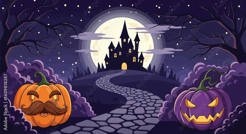 Fototapeta premium Spooky halloween night scene with jack o lanterns and haunted castle