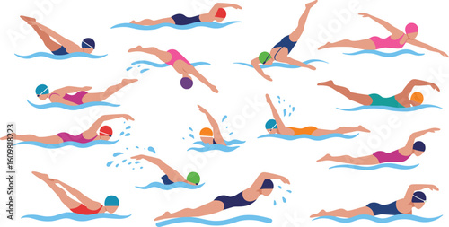 Swimmers performing various swimming strokes, aquatic training illustration, professional athletes in water, competitive swimming pool exercise, colorful vector design