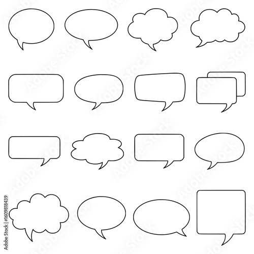 A collection of vector illustrations of speech bubbles or empty text boxes. Perfect for conversations, dialogues, thoughts, comics, messages, communication, ideas, and design elements.