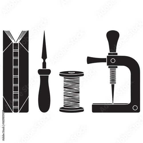Collection of leatherworking tools including a stitching awl thread spool and setting press on a white background silhouette