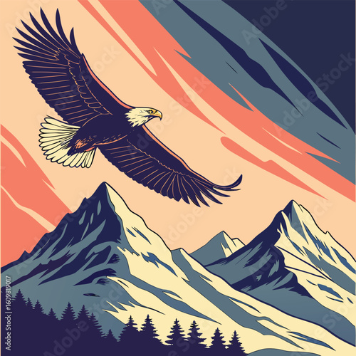 Majestic eagle soaring gracefully over a snow covered mountain peak symbolizing freedom nature and wilderness in a vibrant cmyk vector design