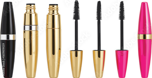 Collection of mascara tubes and brushes in black, gold, and pink colors isolated on white background, professional cosmetic makeup tools for beauty and eye enhancement.