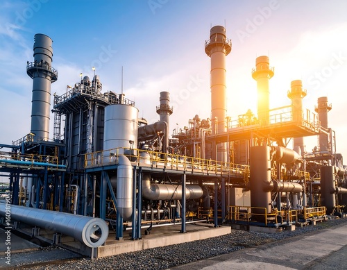 Industrial power plant complex under a partly sunny sky.  Metal structures, pipes, and large stacks are prominent features