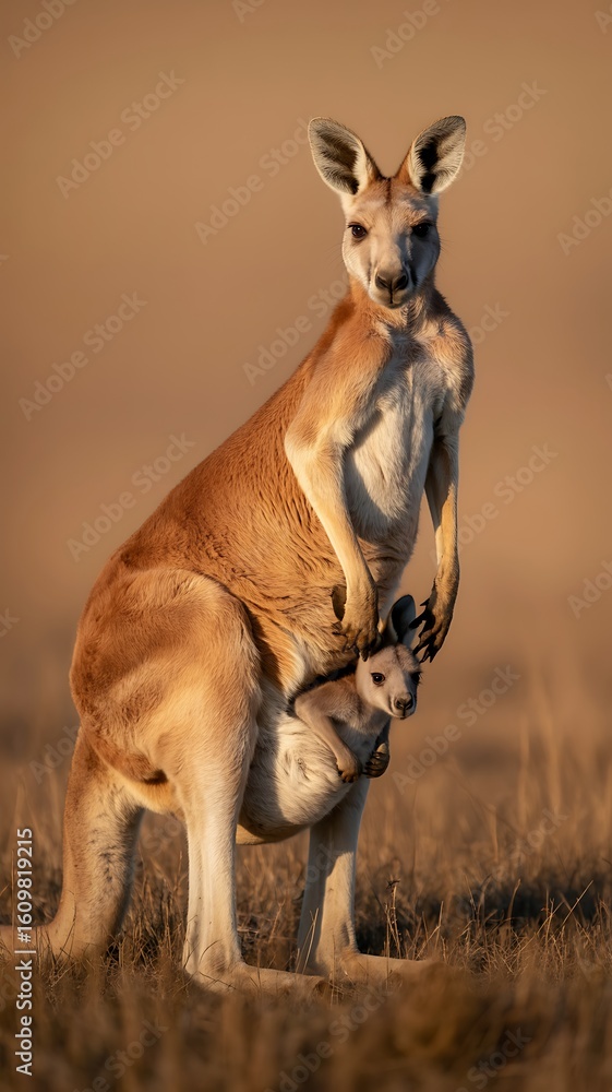 Fototapeta premium Kangaroo and Baby Kangaroo in Outback with Golden Sunset Lighting