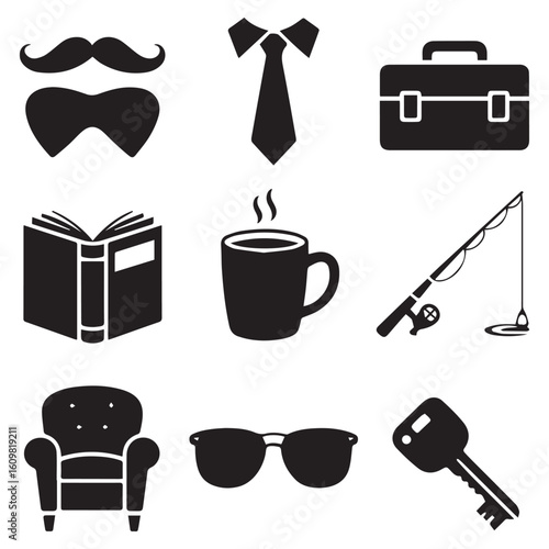 Collection of masculine icons representing fatherhood hobbies and professional life including a mustache bow tie tie briefcase book coffee mug fishing rod armchair sunglasses and key