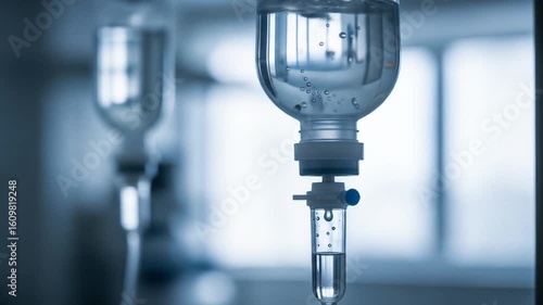 Close Up of Intravenous Infusion Drip Bag in a Hospital Setting with Blue Tones