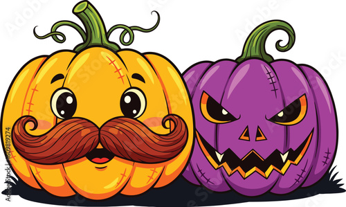 Two cartoon pumpkins one happy with a mustache and one scary