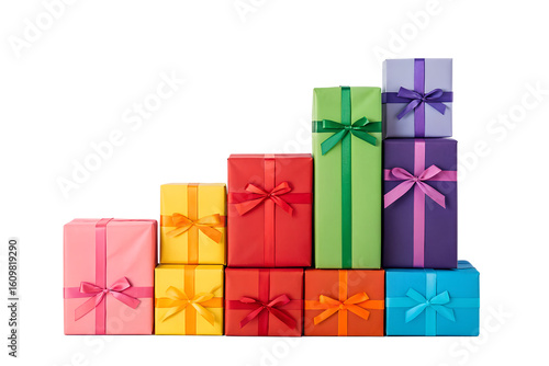 A vibrant stack of colorful gift boxes with ribbons, arranged in ascending steps on a white background, symbolizing growth and celebration.
