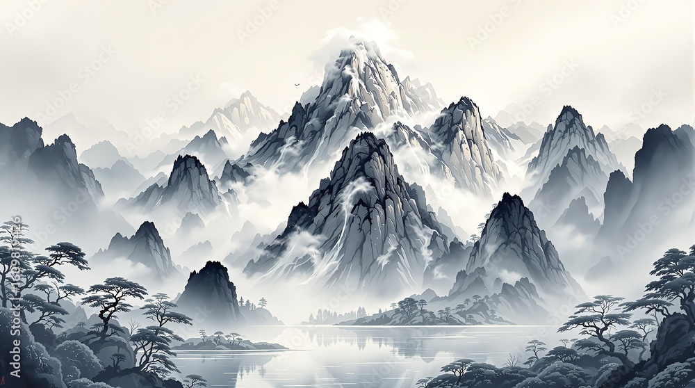 Obraz premium Monochromatic mountain range landscape with fog and water reflection in asian art style painting
