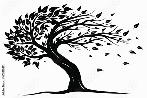 Black silhouette of a tree with wind blown leaves white