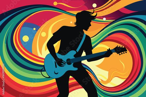 Black silhouette of a guitarist playing a blue guitar against a colorful abstract background