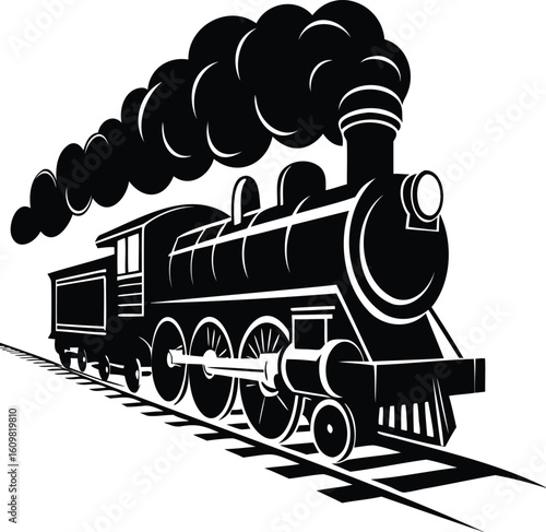 Steam locomotive facing left with smoke on rails in black vector