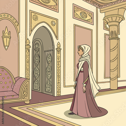 Elegant arabian princess adorned in a richly decorated palace showcasing intricate patterns and vibrant colors perfect for cultural or fantasy themes