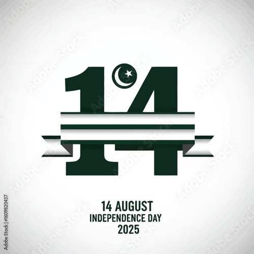 Pakistan Independence Day design featuring the number 14 with a crescent moon and ribbon, commemorating August 14th, 2025.