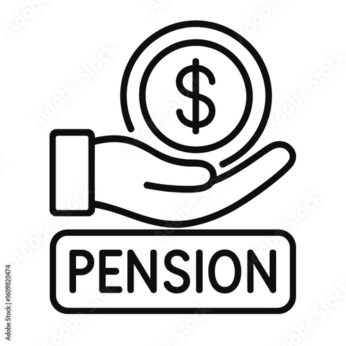 Hand holding dollar coin with pension label below in line art  