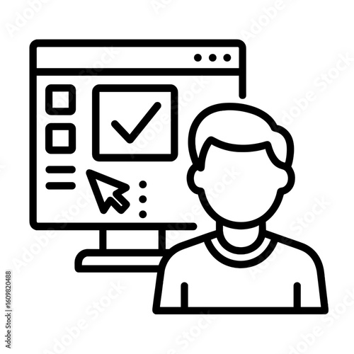 Young man working on UAT testing with computer screen and checkmark  