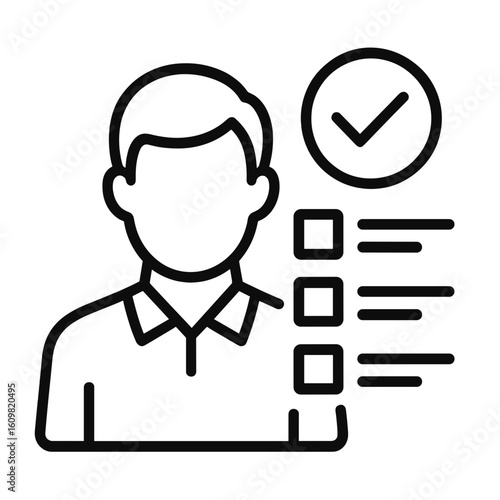 Line icon of a Product Owner with checklist and tick mark, symbolizing agile project management, backlog prioritization, and software development leadership role