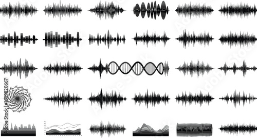 Set of black sound wave vector elements including waveform patterns, audio frequencies, voice prints, music beats, and abstract noise graphs on white background.