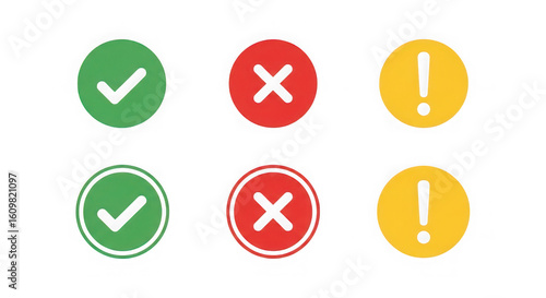Set of green checkmarks red xs and yellow exclamation marks on black background