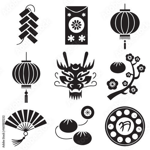 Collection of traditional chinese new year symbols including firecrackers lanterns dragon head plum blossoms fan and dumplings
