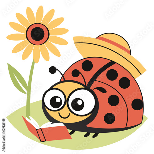 Cartoon ladybug with summer hat enjoys reading a book beside a sunflower illustration
