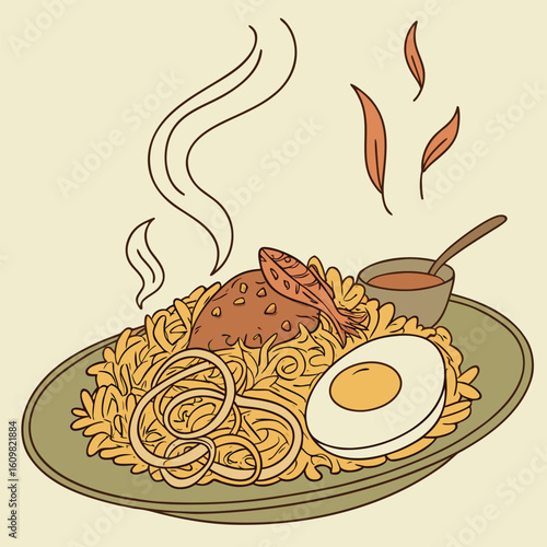 A delicious and visually appealing illustration of steaming biryani with golden rice perfect for culinary or cultural themes