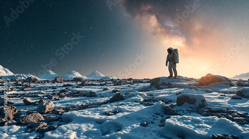 Astronaut on an icy rocky surface with the sky filled with stars and galaxies, AI-generated