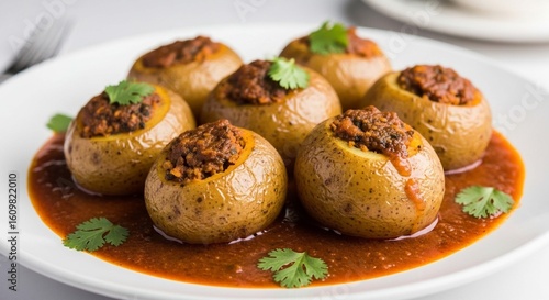 Wallpaper Mural Seven savory stuffed potatoes in a rich tomato sauce, garnished with fresh cilantro. Torontodigital.ca