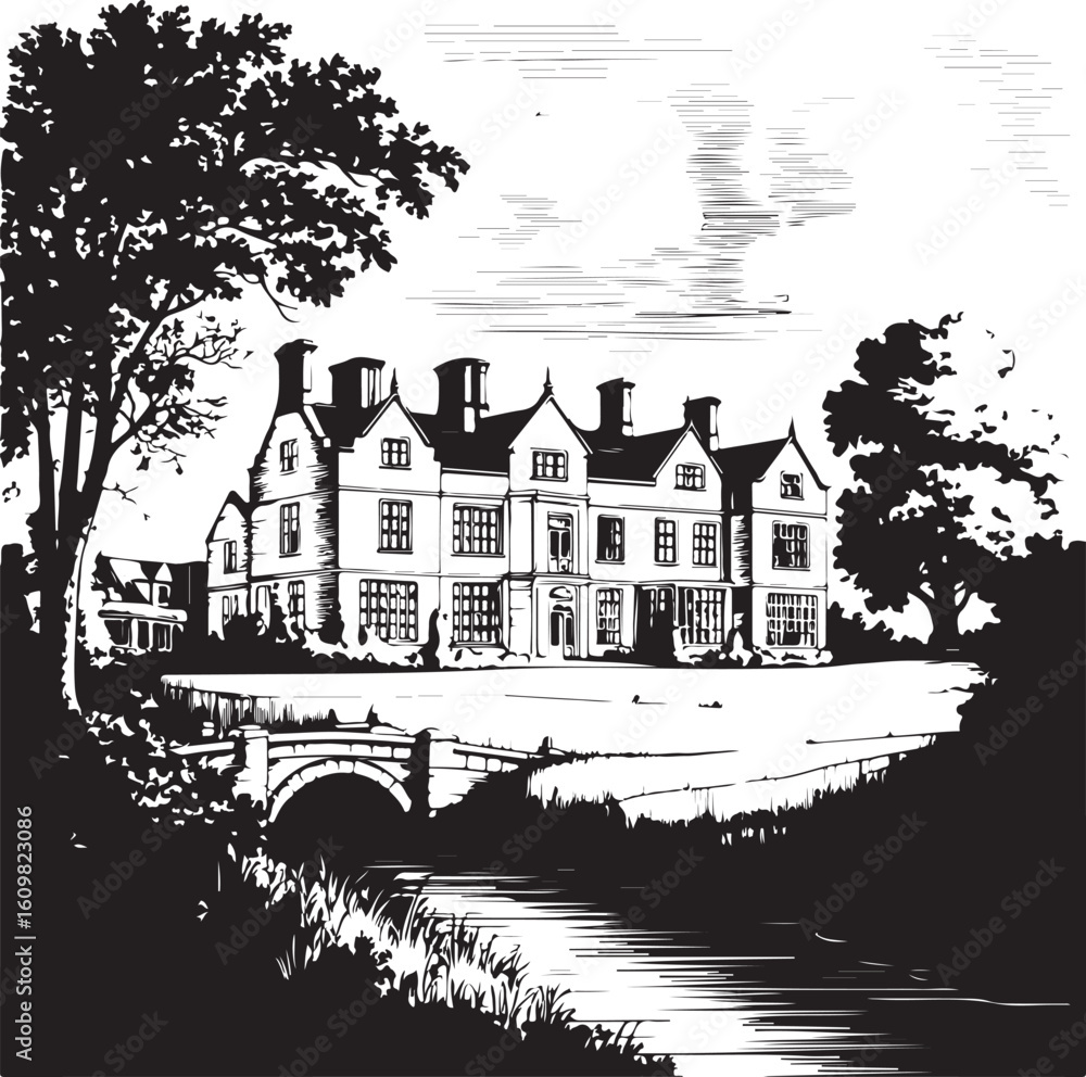 Fototapeta premium Ornate manor house with bridge over water and trees architecture