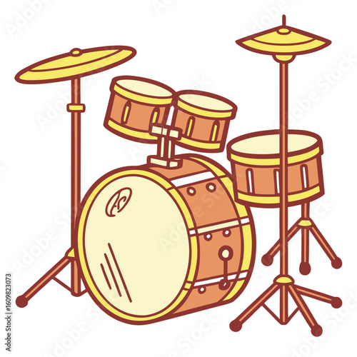 Drum set with bass, snare, and cymbal stands, outlined in brown is on transparent background