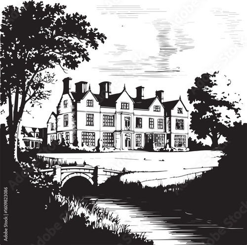Ornate manor house with bridge over water and trees architecture