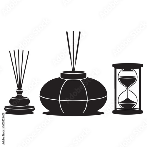 Three silhouette objects including incense sticks in a holder a round diffuser with reeds and an hourglass on a white background