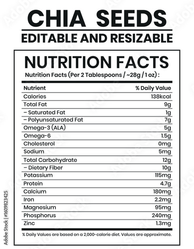 Chia seeds, Chia seeds nutrition facts, Editable Nutrition Template, Nutrition List, Supplement list, Nutritional Information, Nutrition label