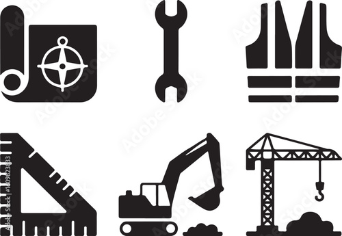 Blueprint wrench safety vest ruler excavator crane compass rolled