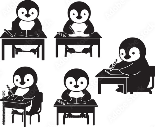 Cute penguins studying at school desks silhouette