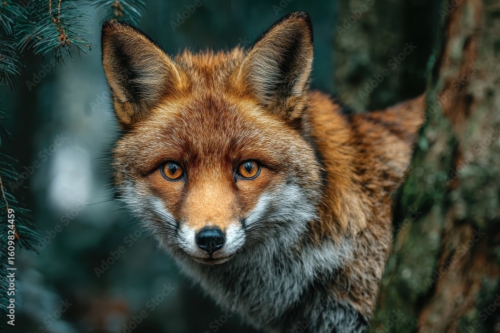 Fototapeta premium Red fox standing among trees and moss in a forest, alert and staring forward during the daytime in Autumn, Germany, Europe