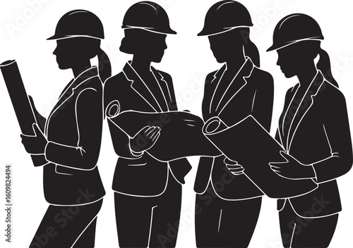 Four women architects reviewing blueprints construction planning