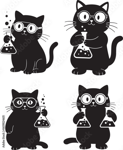 Four black cat scientists holding beakers silhouette