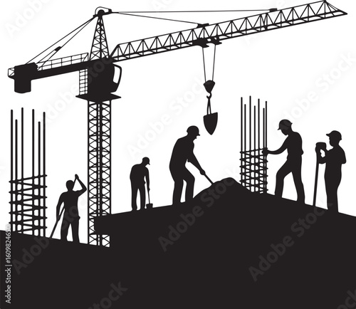 Construction workers operating heavy machinery and shoveling materials crane shovels