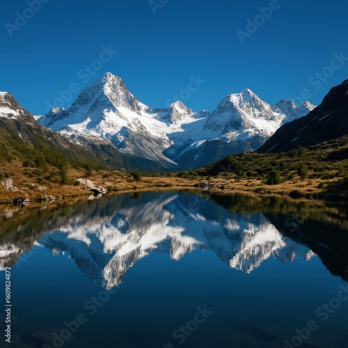 Wallpaper Mural A square composition where snow-covered peaks are mirrored in a still, pure lake, under a bright blue sky, in an untouched natural setting. Torontodigital.ca