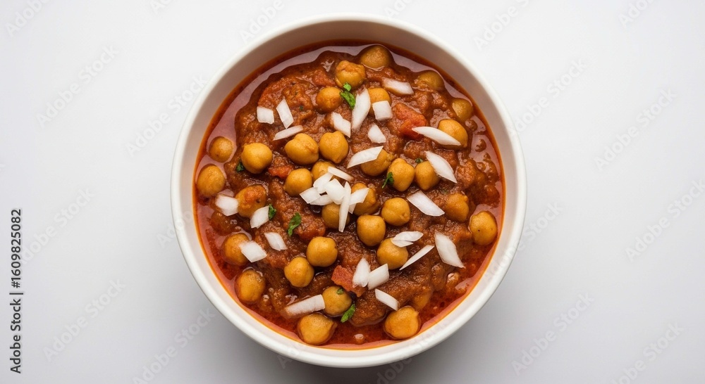Overhead shot of a bowl filled with chickpea curry, garnished with chopped onions, presented on a white surface. Overhead shot of a bowl filled with chickpea curry, garnished with chopped onions, presented on a white surface.