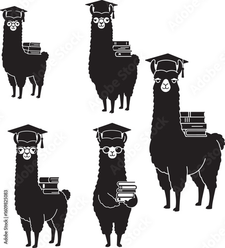 Five graduate llamas wearing graduation caps silhouette