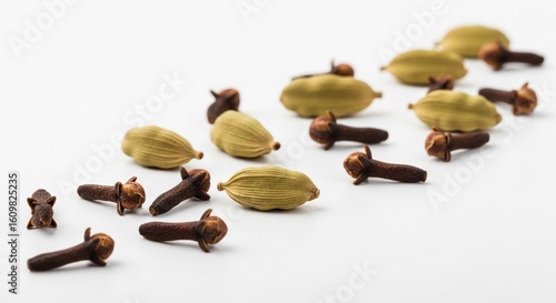Aromatic whole green cardamom pods and dried clove spices arranged on a clean white background.