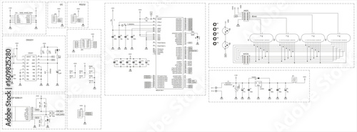 Schematic diagram of electronic device on sheet of paper. Vector drawing electrical circuit with connector,
resistor, capacitor, integrated circuit, antenna,
microcontroller, diode, indicator, led.