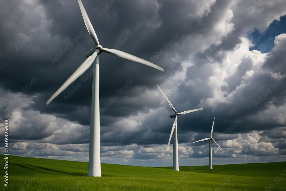 Fototapeta premium Focused look at tall white wind turbines on a green field under dynamic, cloudy skies, emphasizing the theme of sustainable, renewable energy.