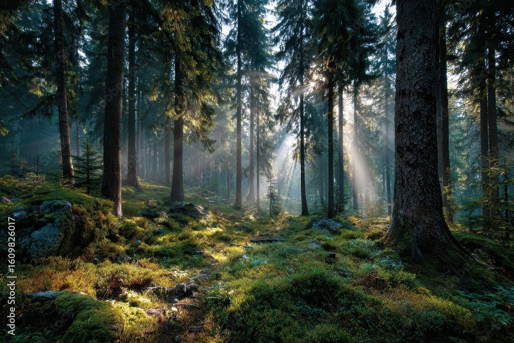 Naklejka premium Rays of sunlight filter through tall Evergreen trees in a tranquil forest, illuminating the mossy forest floor and creating a magical atmosphere at sunrise